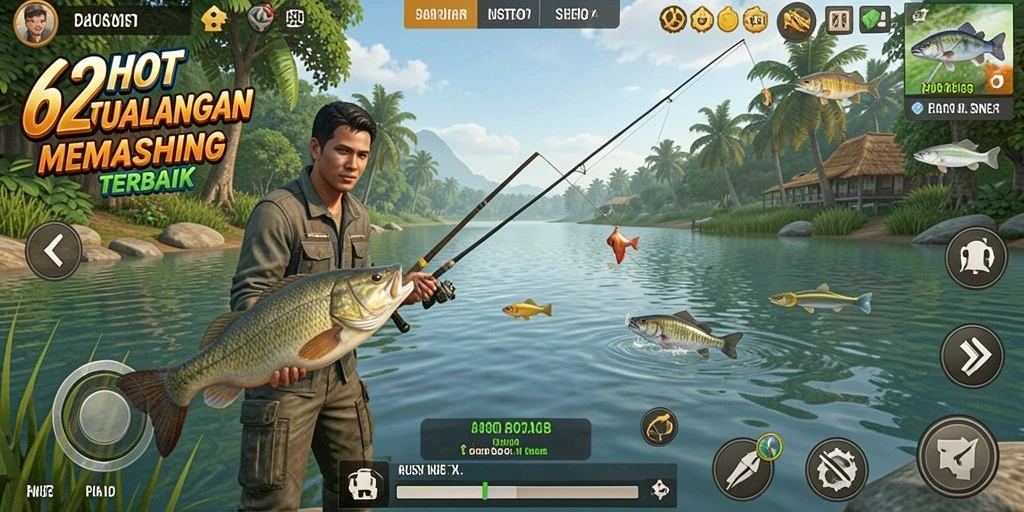 Screenshot gameplay <strong>62HOT</strong> menampilkan aktivitas memancing yang seru.