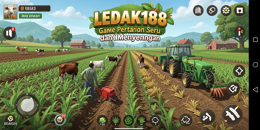 Tampilan gameplay LEDAK188 dengan aktivitas bertani yang seru.