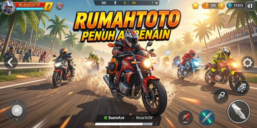 Screenshot RUMAHTOTO menampilkan balapan motor yang mendebarkan di trek yang berliku.