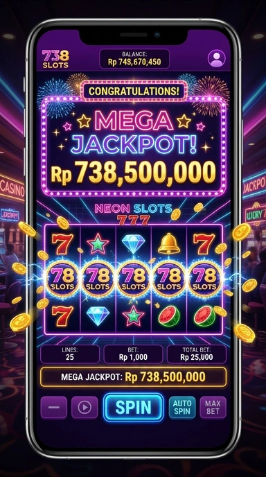 Tampilan awal aplikasi 738slots yang menarik dan user-friendly.